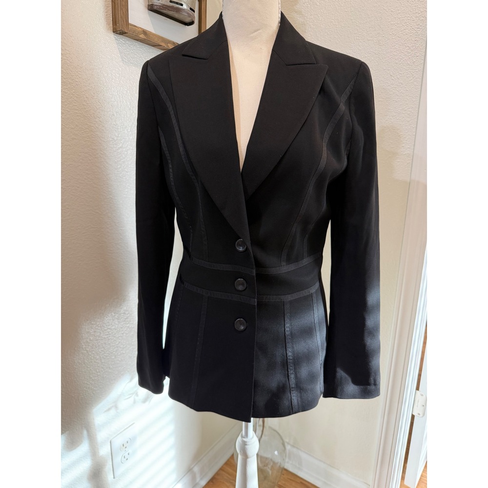 Escada Black Virgin Wool Ribbon Trim Blazer Jacket Size 36 Made in Croatia